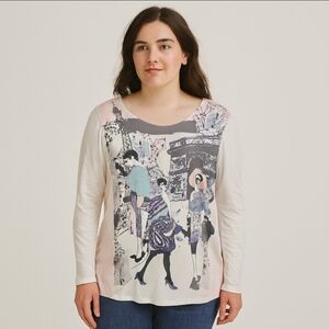 Weekends By Chicos Paris Scene Long Sleeve Tee Sz 1 (Med)